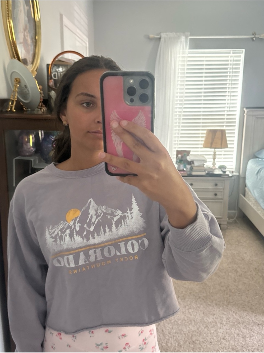 Hollister Lavender Cropped Graphic Sweatshirt with Yellow Accent